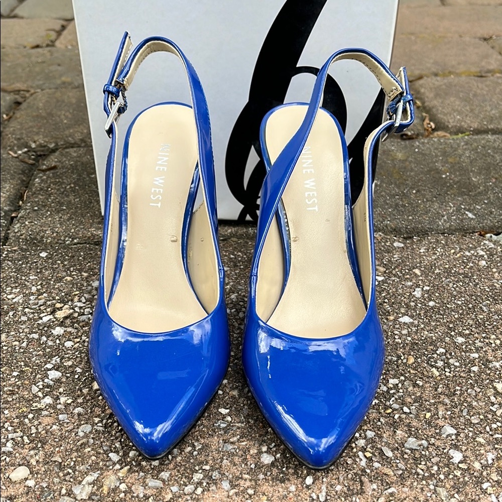 Nine West Blue Patent Leather Slingback Heels